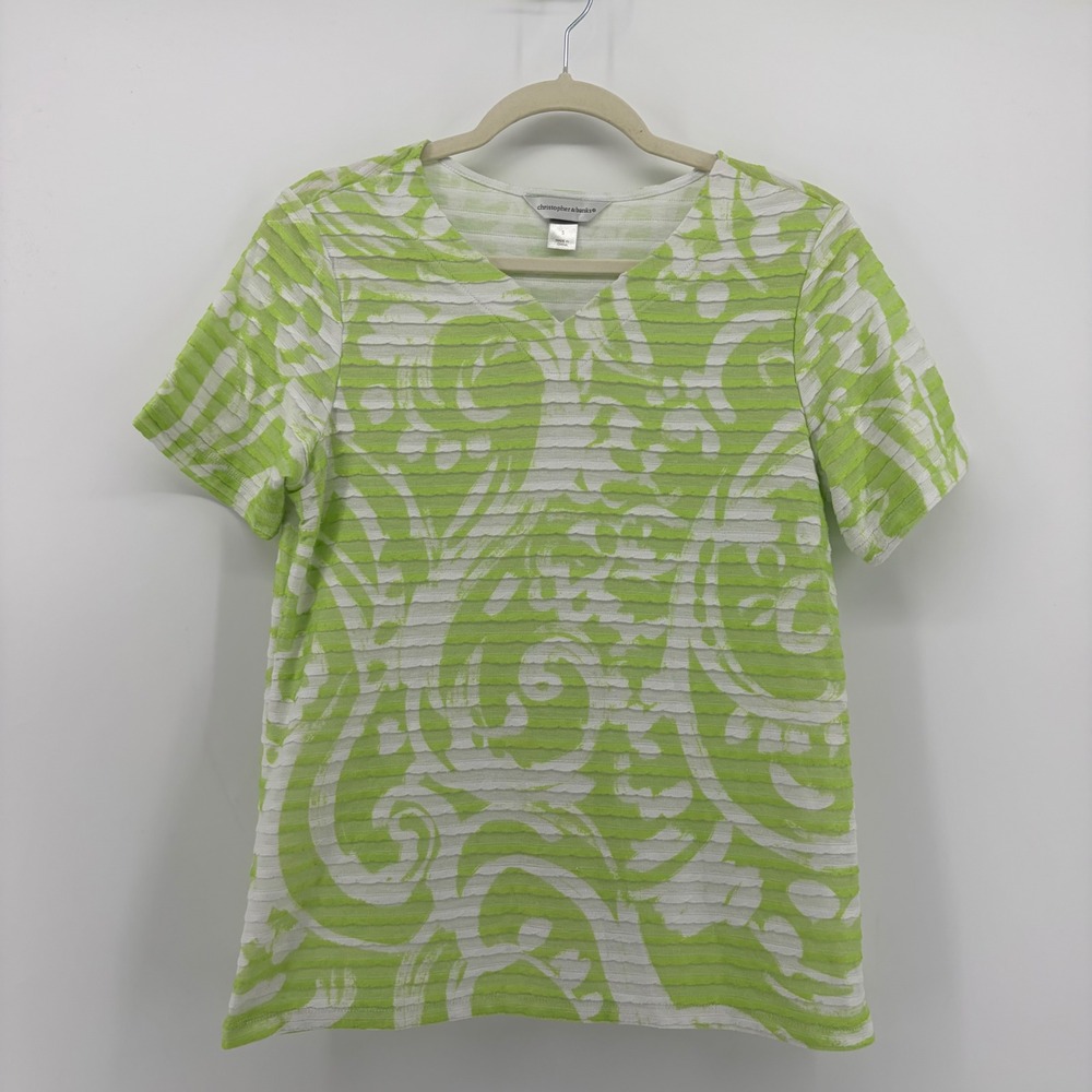 Christopher & Banks Womens Small Lime Green Paisley Top V-Neck Textured Burnout